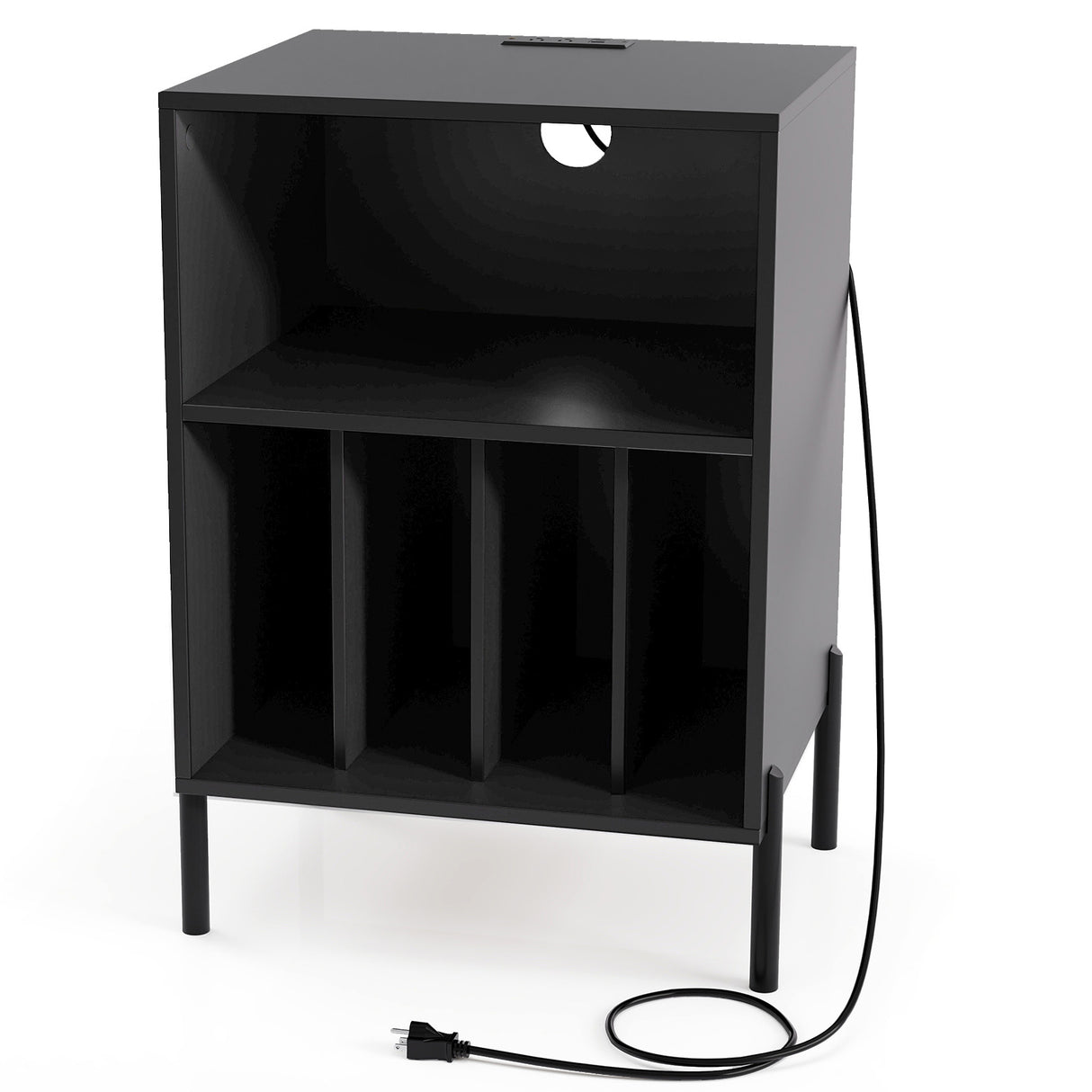 Record Player Stand with Record Storage Shelf and Charging Station