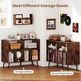 Record Player Stand with Charging Station and Open Shelves-Rustic Brown