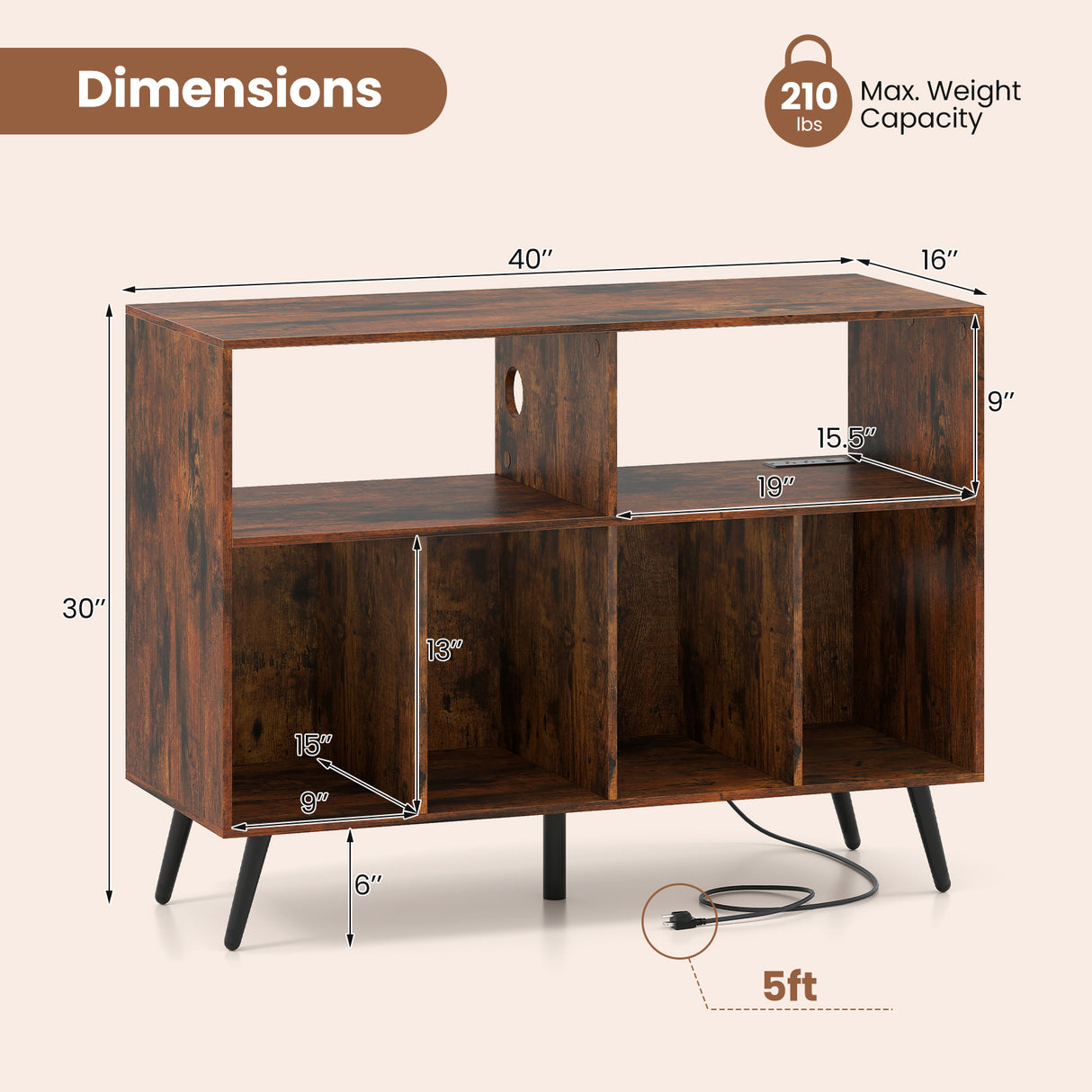 Record Player Stand with Charging Station and Open Shelves-Rustic Brown