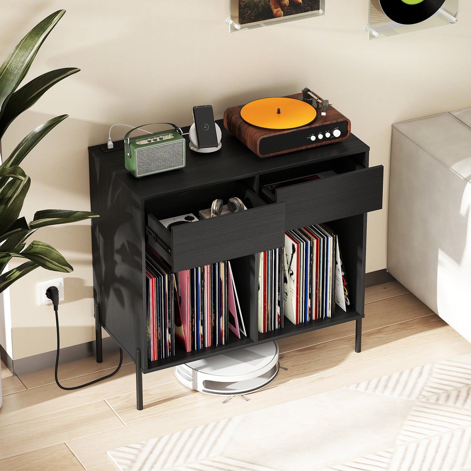 Record Player Stand with Power Outlets Double Wide Turntable Stand Vinyl Record Storage Table