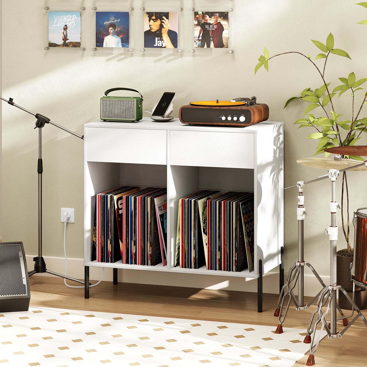 Record Player Stand with Power Outlets Double Wide Turntable Stand Vinyl Record Storage Table