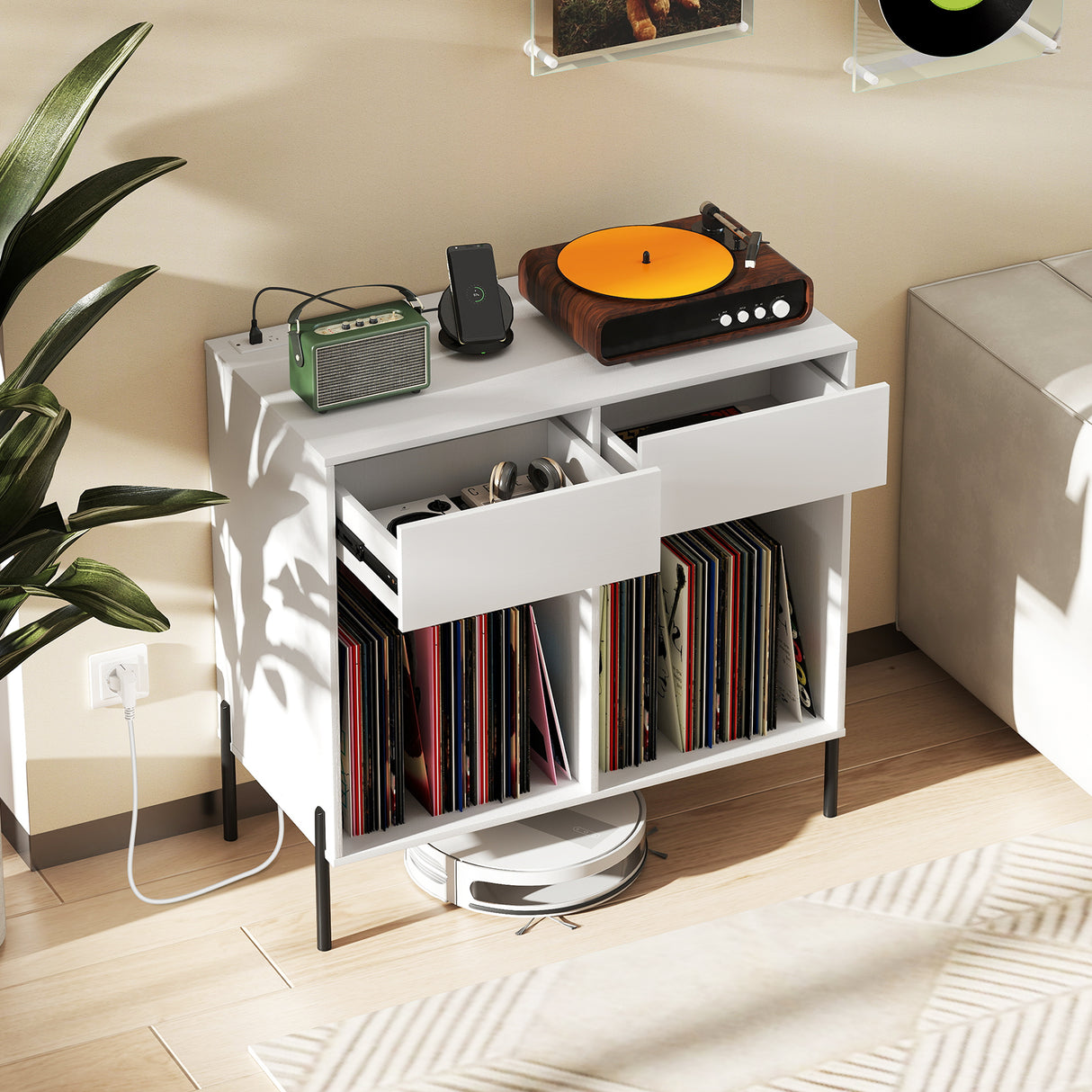 Record Player Stand with Power Outlets Double Wide Turntable Stand Vinyl Record Storage Table