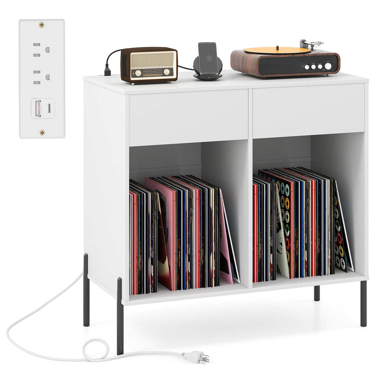 Record Player Stand with Power Outlets Double Wide Turntable Stand Vinyl Record Storage Table