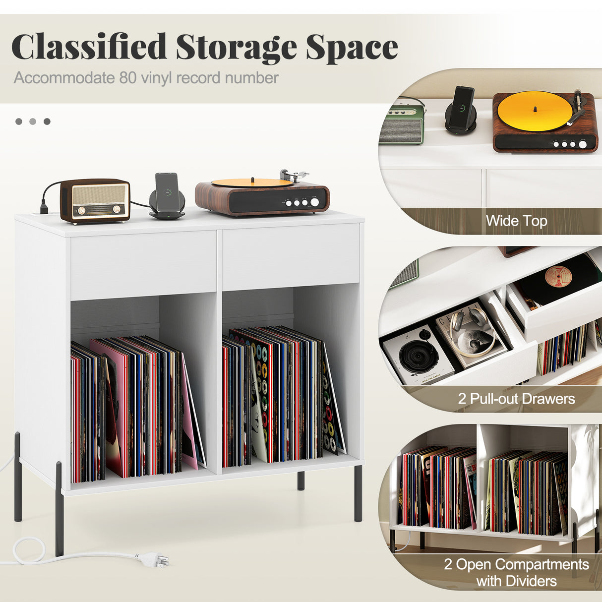 Record Player Stand with Power Outlets Double Wide Turntable Stand Vinyl Record Storage Table