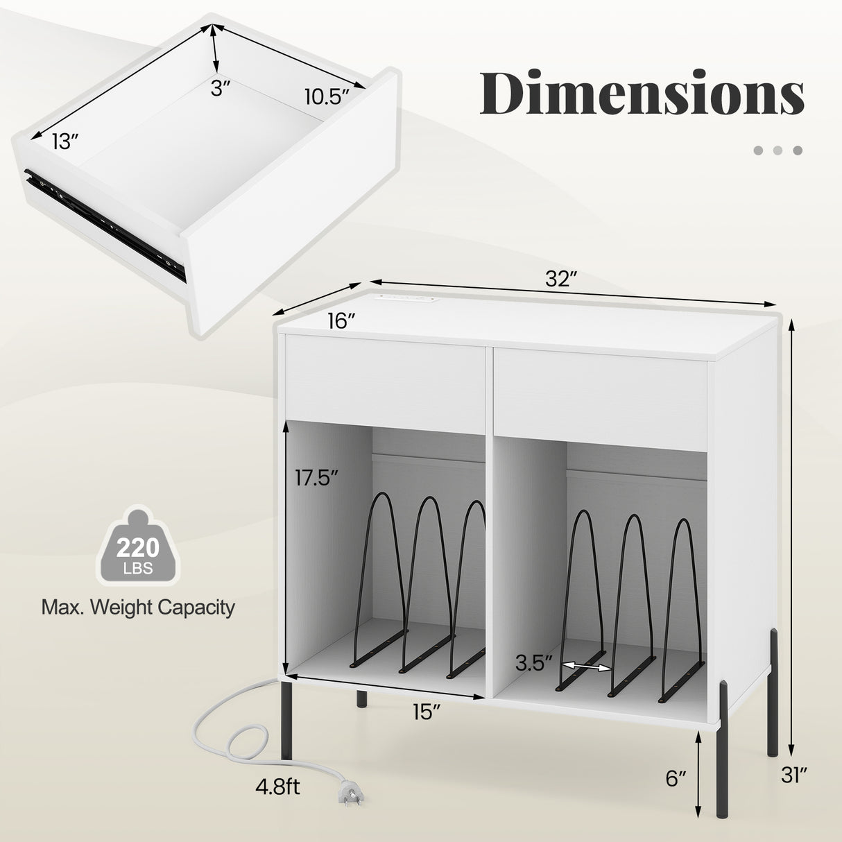 Record Player Stand with Power Outlets Double Wide Turntable Stand Vinyl Record Storage Table