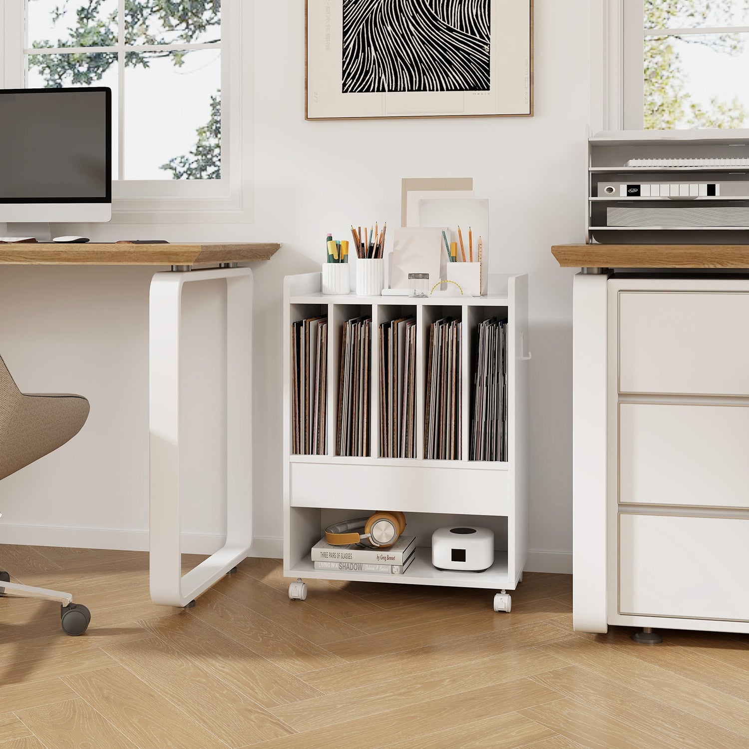 Record Rolling Turntable Player Stand with Drawer-White