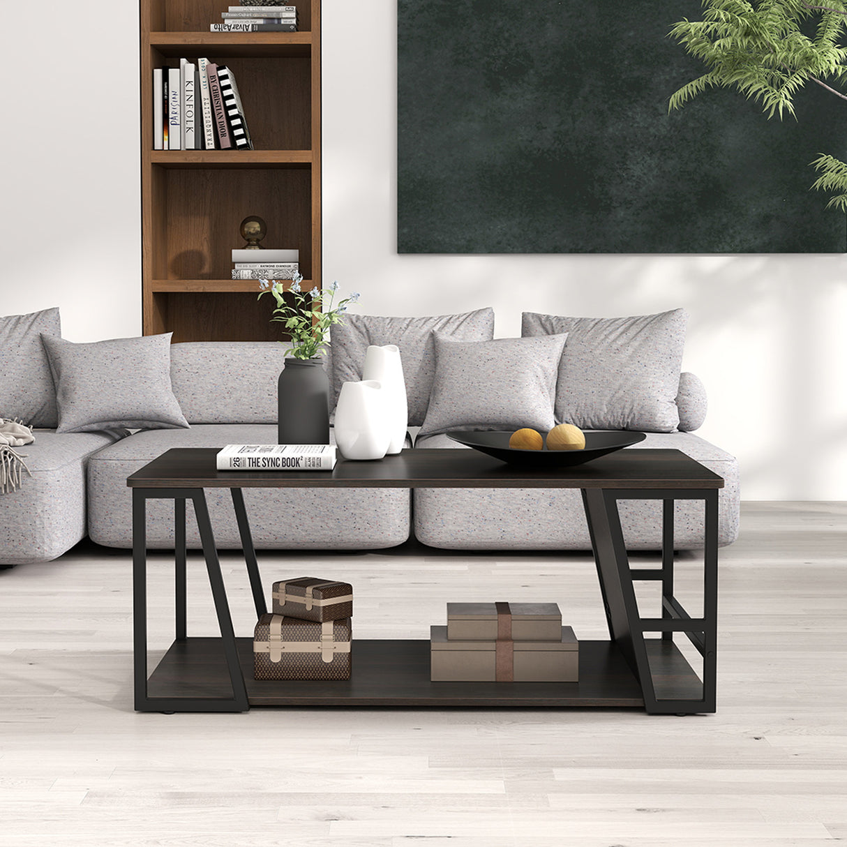 Rectangle Coffee Table 2-tier Industrial Accent Table with Storage Shelf and Compartment