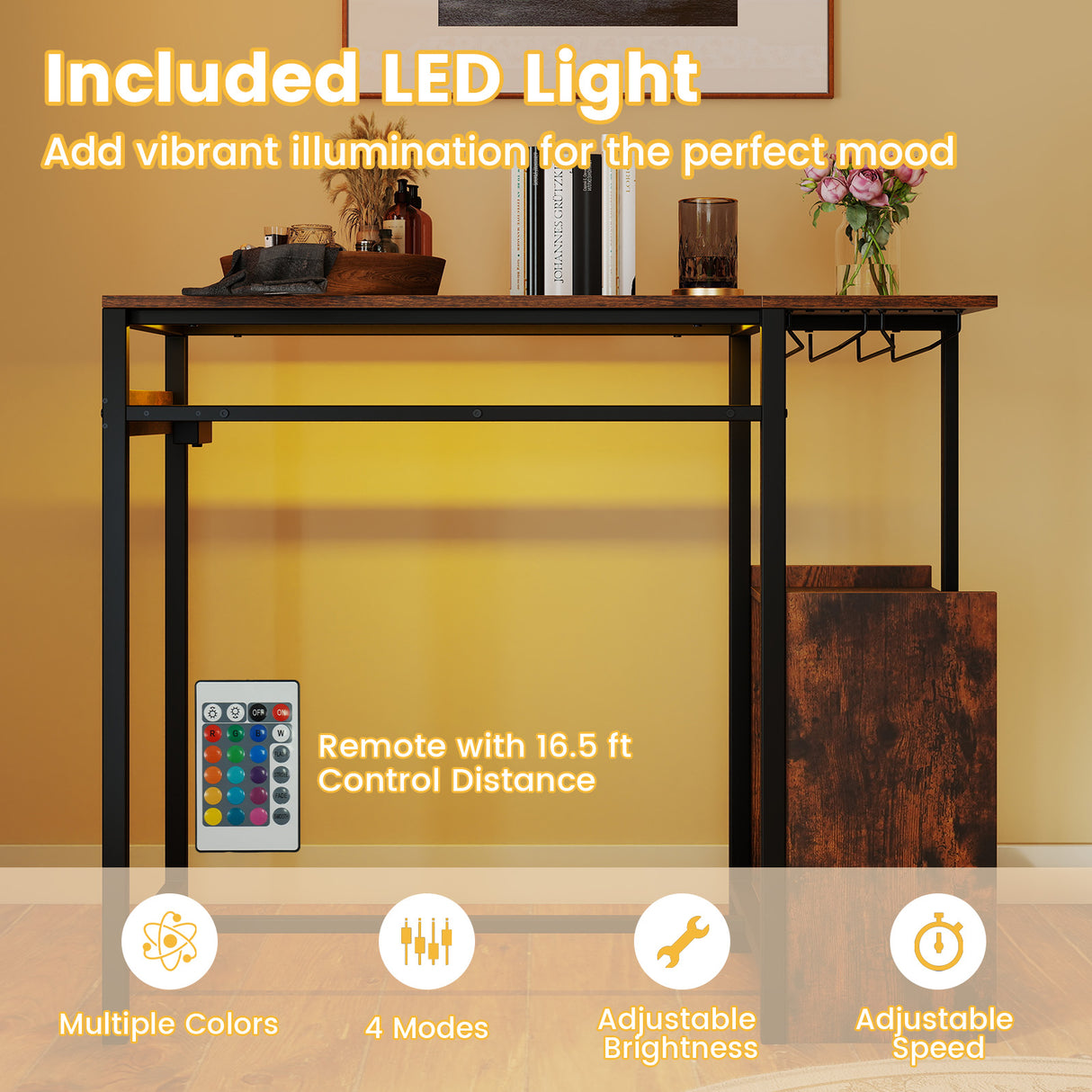 Rectangular Bar Table with Charging Station and LED Light-Rustic Brown