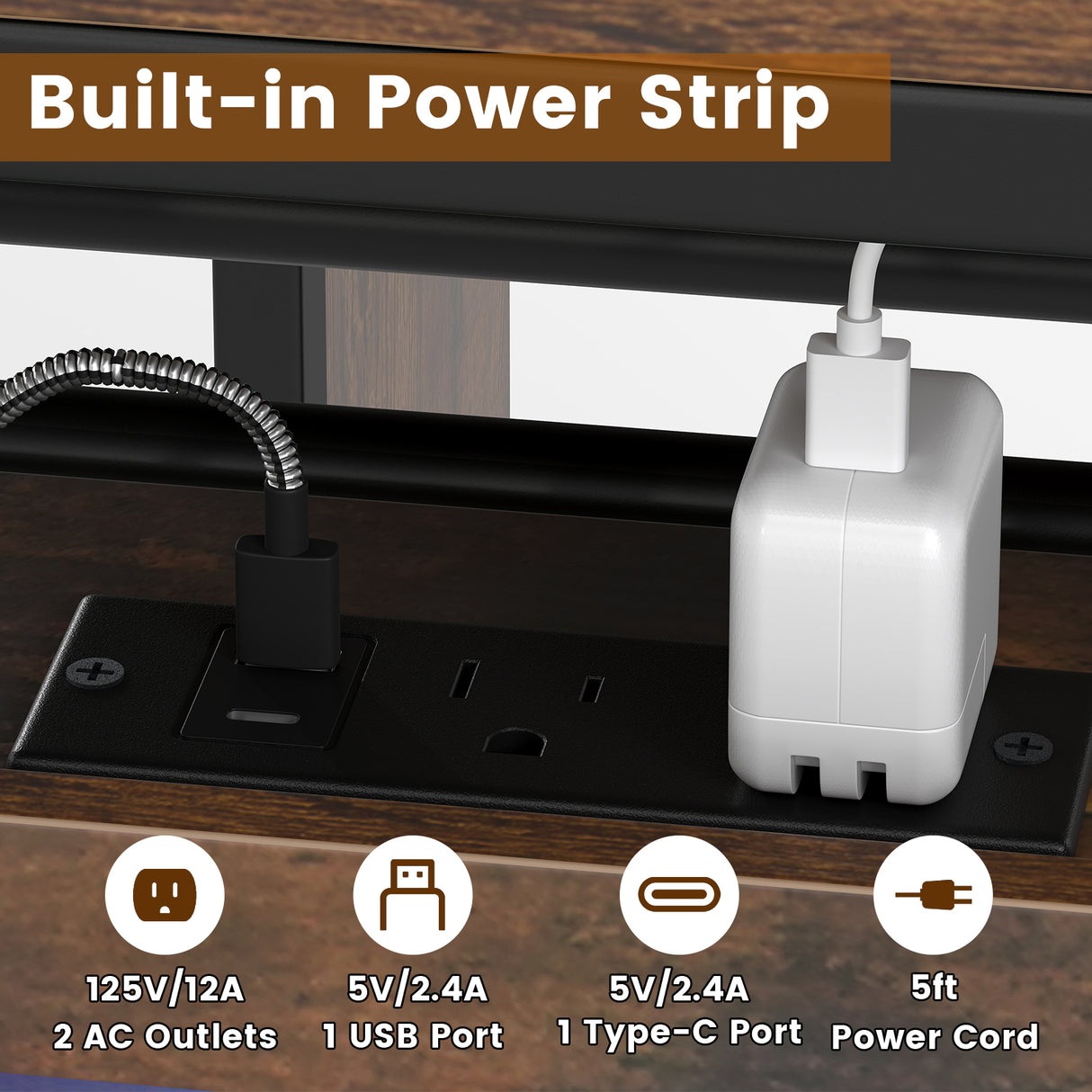 Rectangular Bar Table with Charging Station and LED Light-Rustic Brown