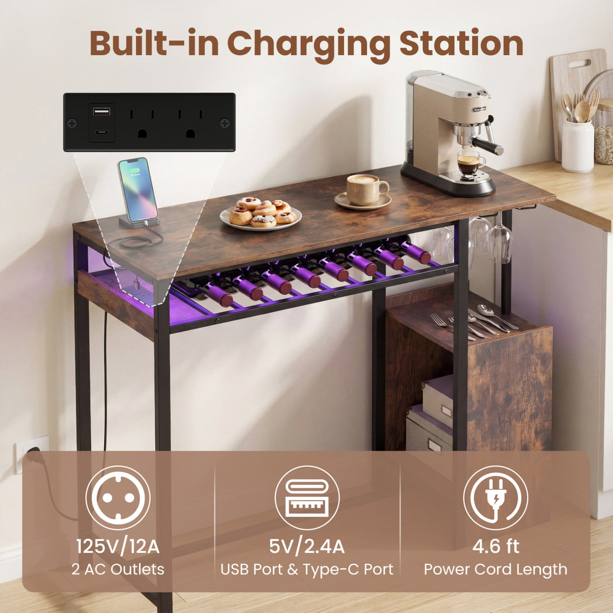 Rectangular Bar Table with Charging Station and LED Light-Rustic Brown