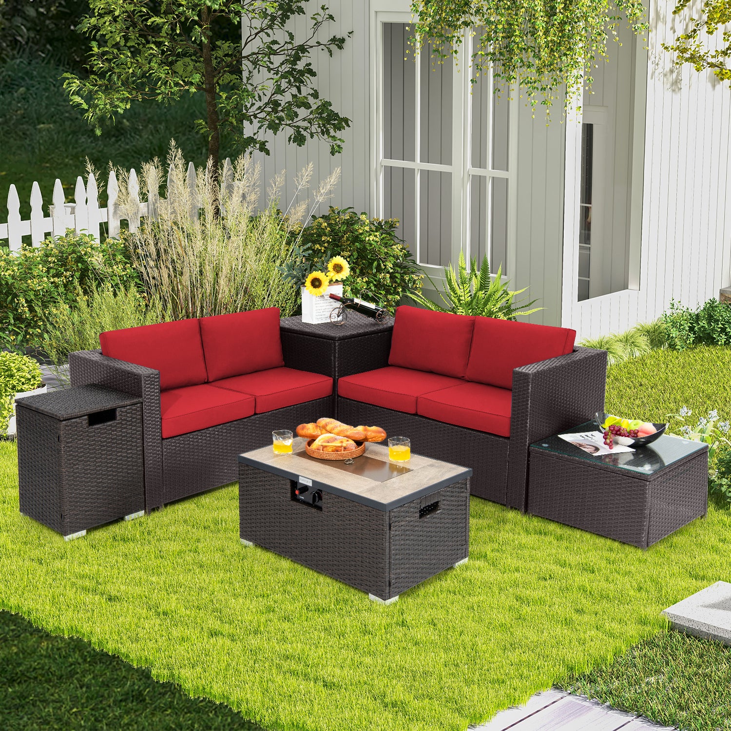 6 Pieces Outdoor Wicker Furniture Set with 32 Inch Propane Fire Pit Table
