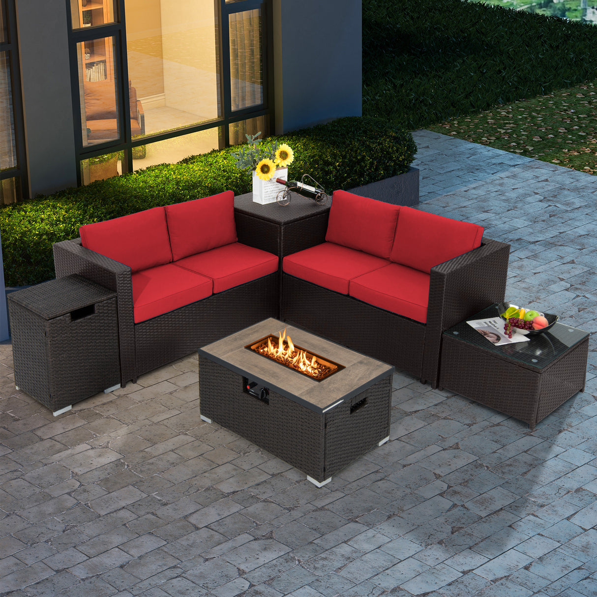 6 Pieces Outdoor Wicker Furniture Set with 32 Inch Propane Fire Pit Table