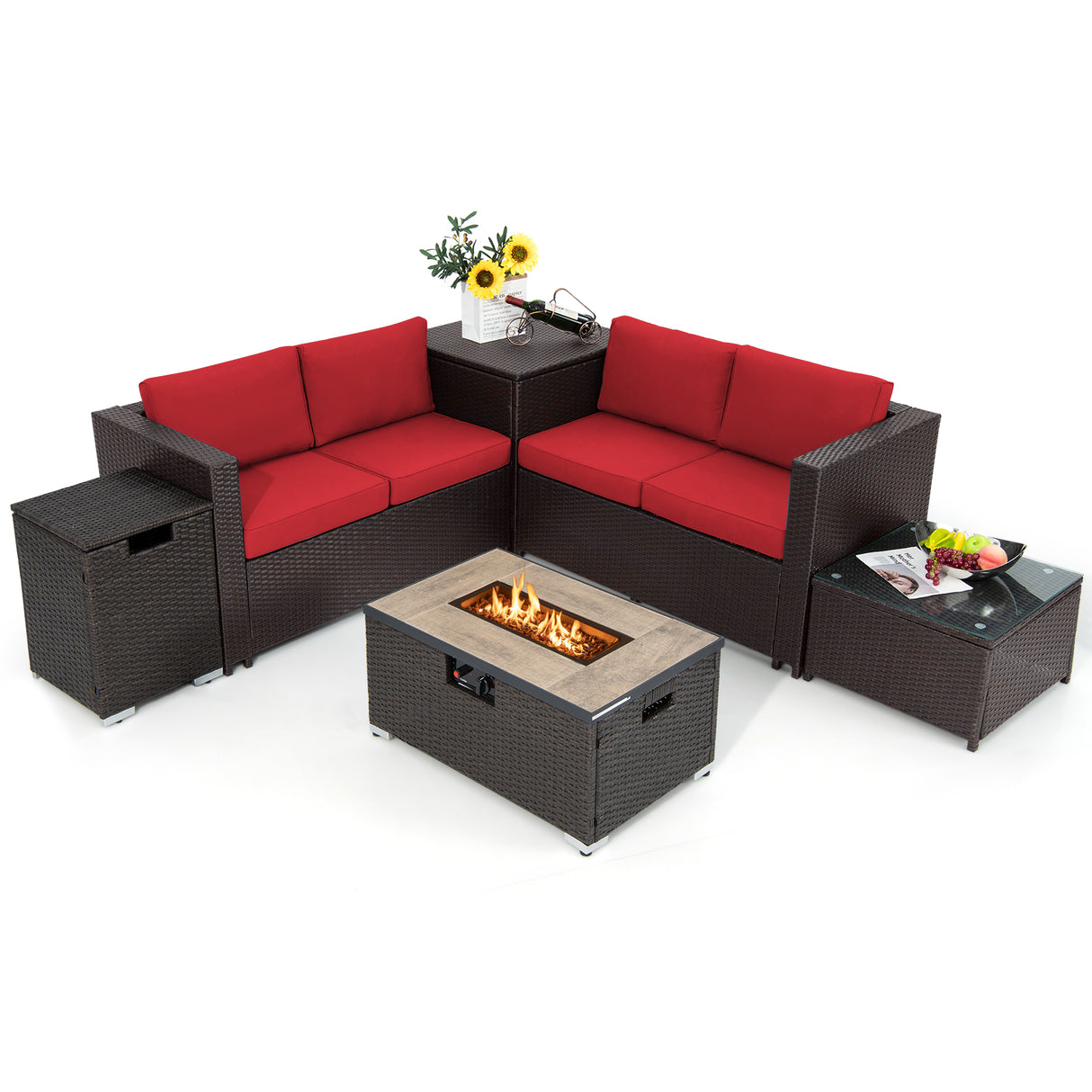 6 Pieces Outdoor Wicker Furniture Set with 32 Inch Propane Fire Pit Table