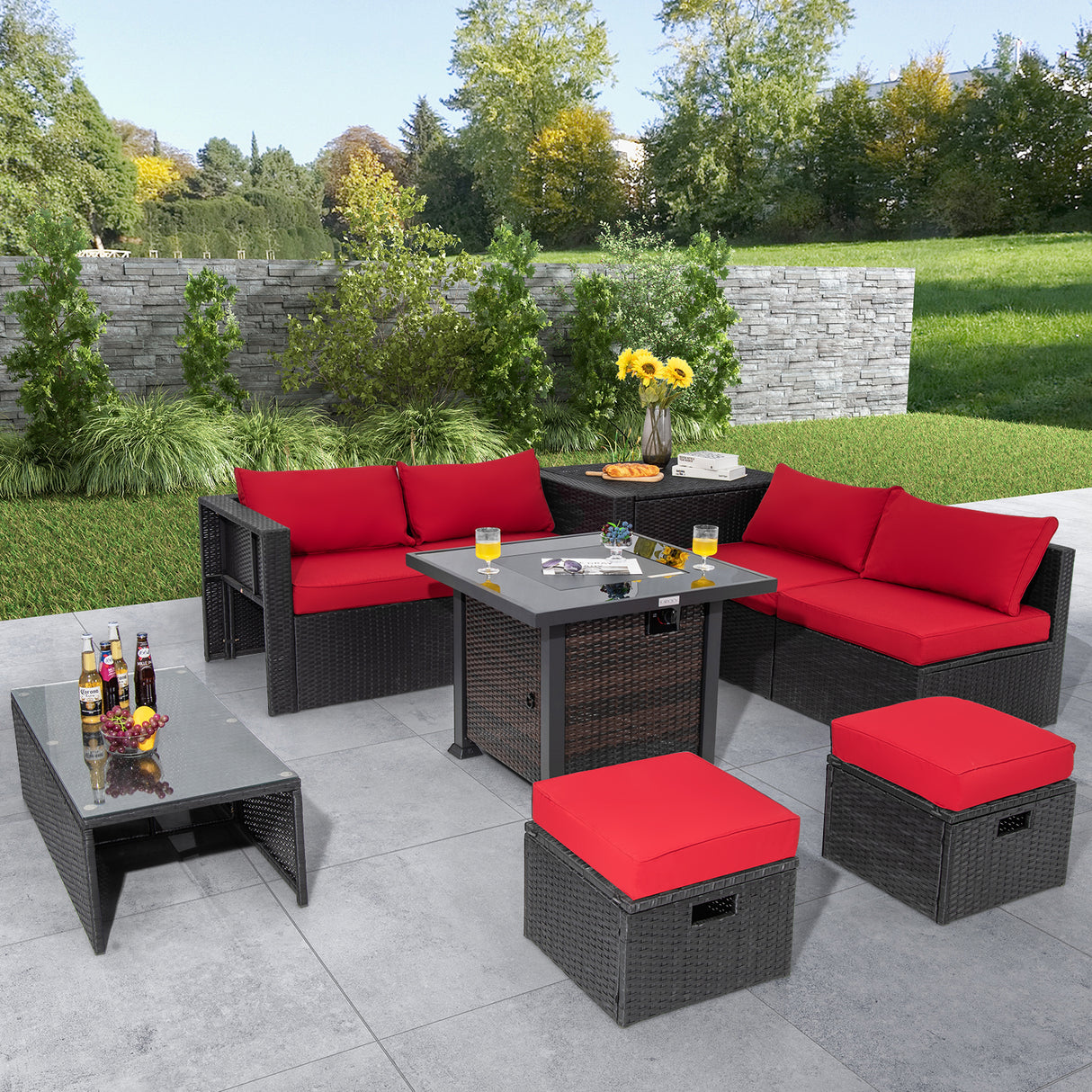 9 Pieces Patio Furniture Set with 32â Fire Pit Table and 50000 BTU Square Propane Fire Pit