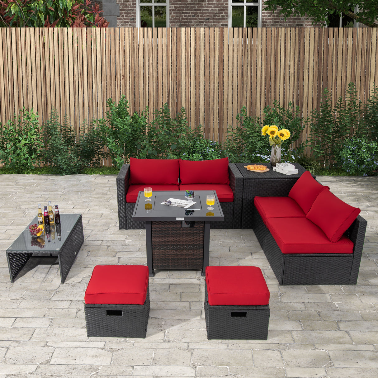 9 Pieces Patio Furniture Set with 32â Fire Pit Table and 50000 BTU Square Propane Fire Pit