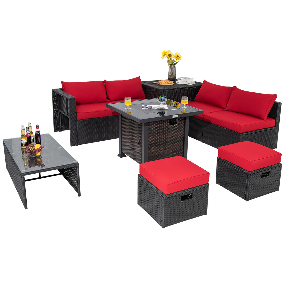 9 Pieces Patio Furniture Set with 32â Fire Pit Table and 50000 BTU Square Propane Fire Pit