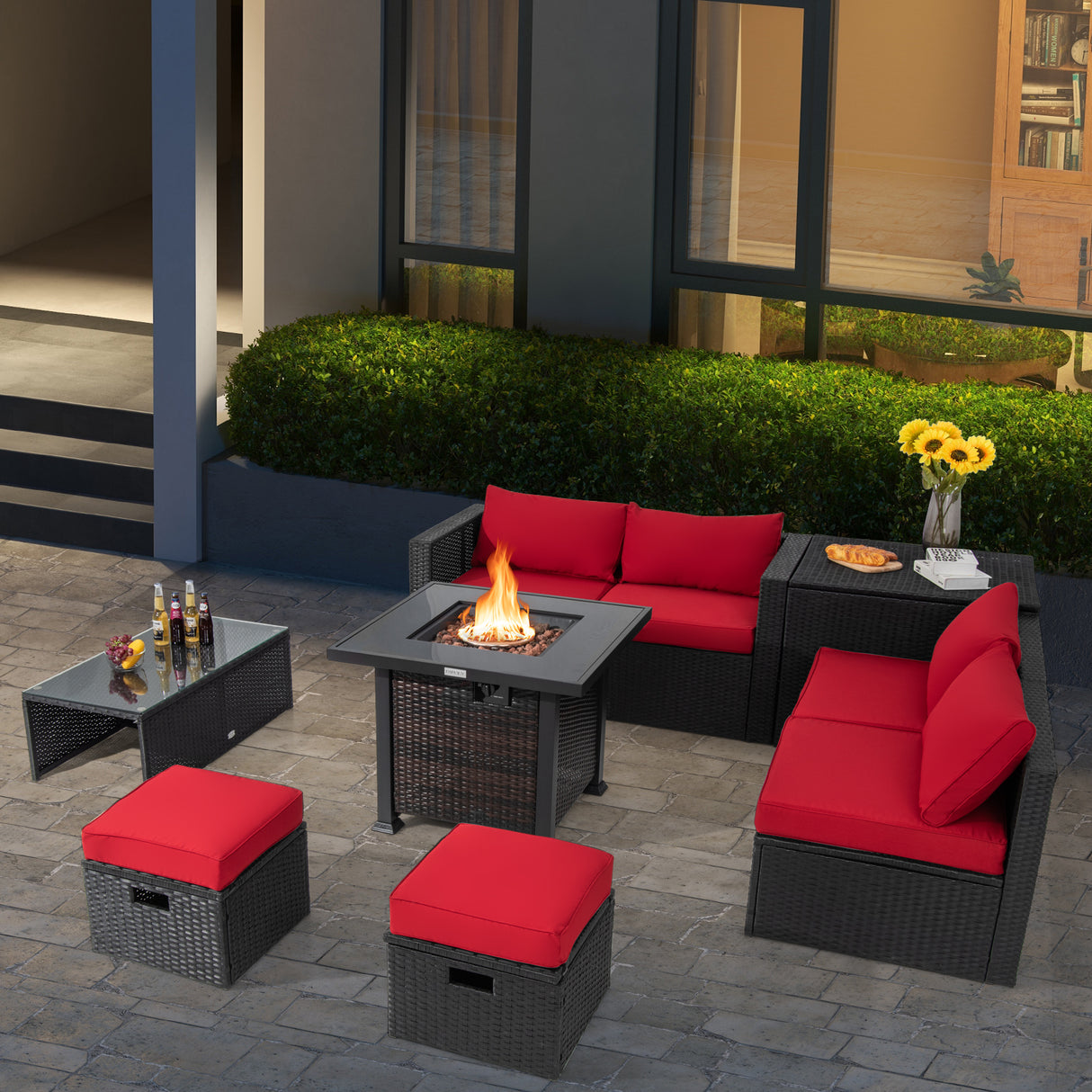 9 Pieces Patio Furniture Set with 32â Fire Pit Table and 50000 BTU Square Propane Fire Pit