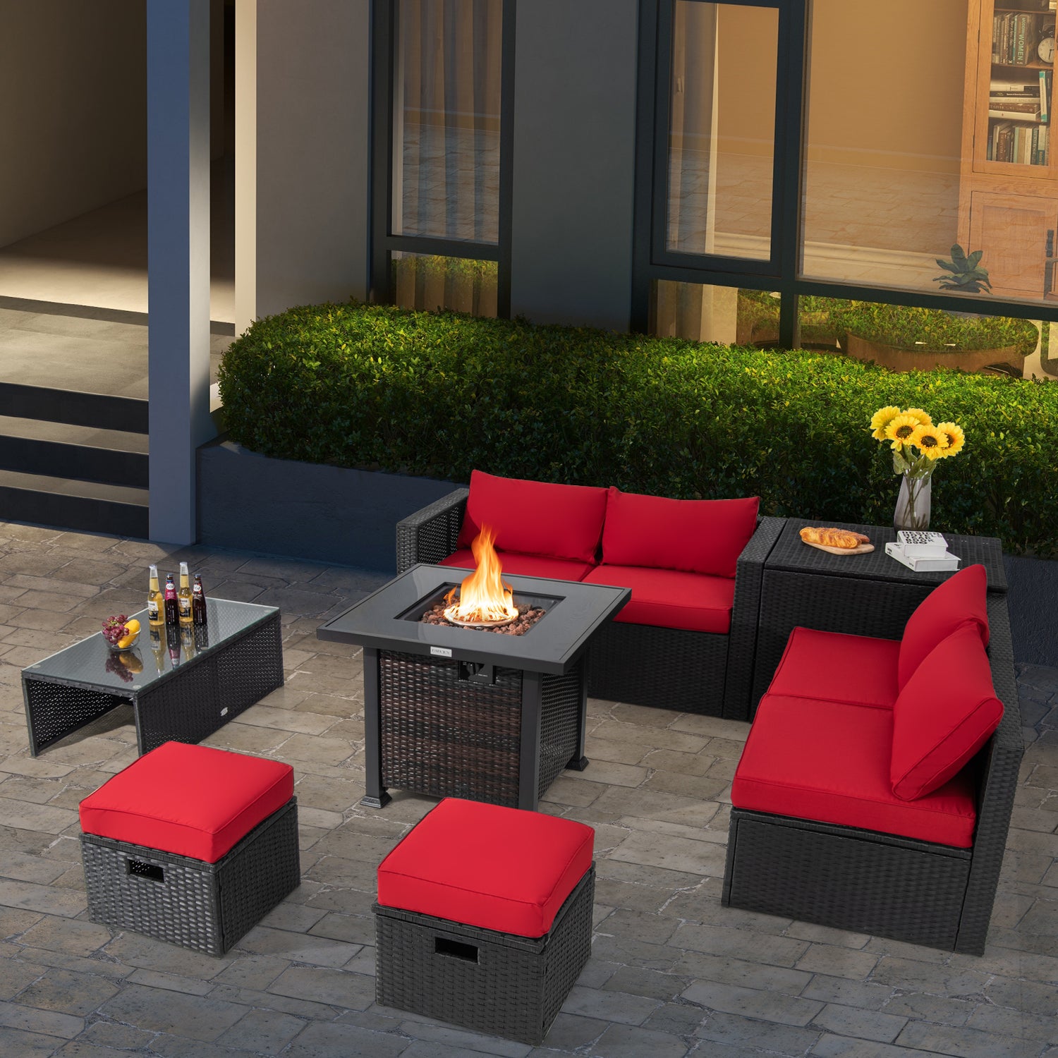9 Pieces Patio Furniture Set with 32â Fire Pit Table and 50000 BTU Square Propane Fire Pit