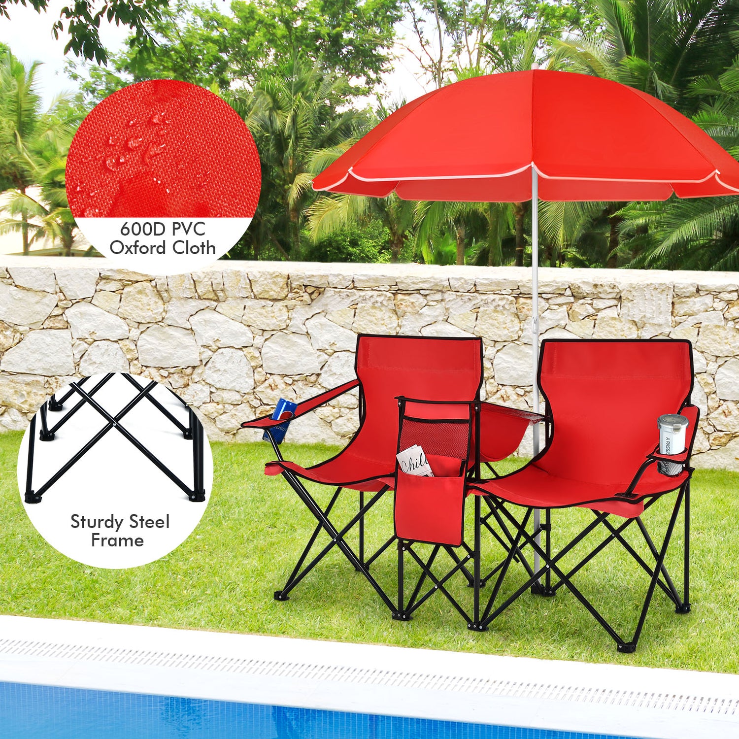 Portable Folding Picnic Double Chair with Umbrella