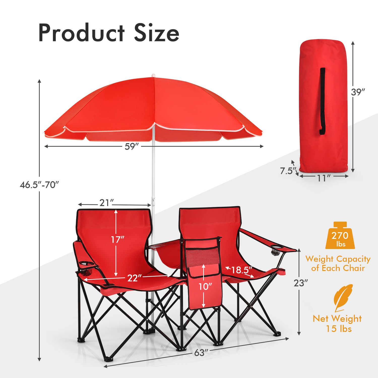 Portable Folding Picnic Double Chair with Umbrella