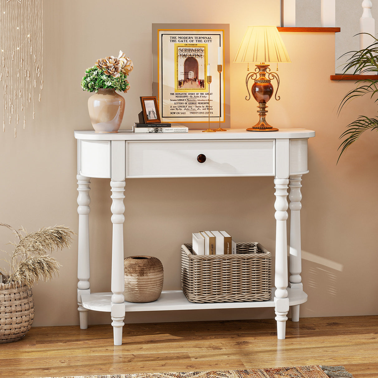 Retro Console Table36"L Wooden 2-Tier Narrow Behind Couch Foyer Table