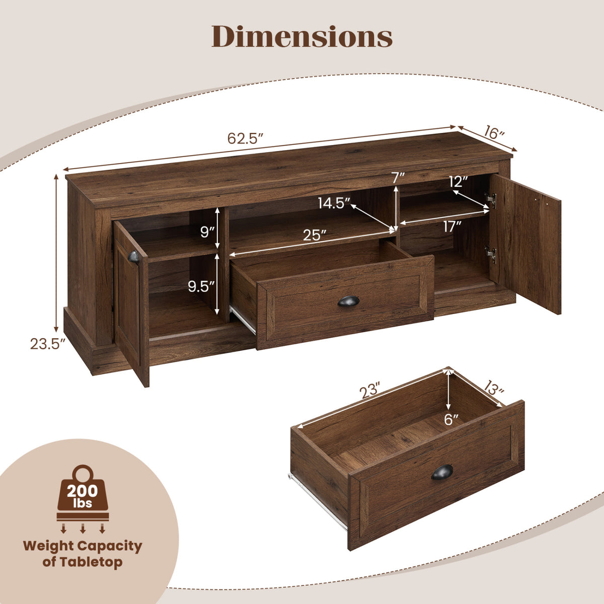 Retro Farmhouse TV Stand for 70" TVs with 2 Doors & Removable Shelves-Brown
