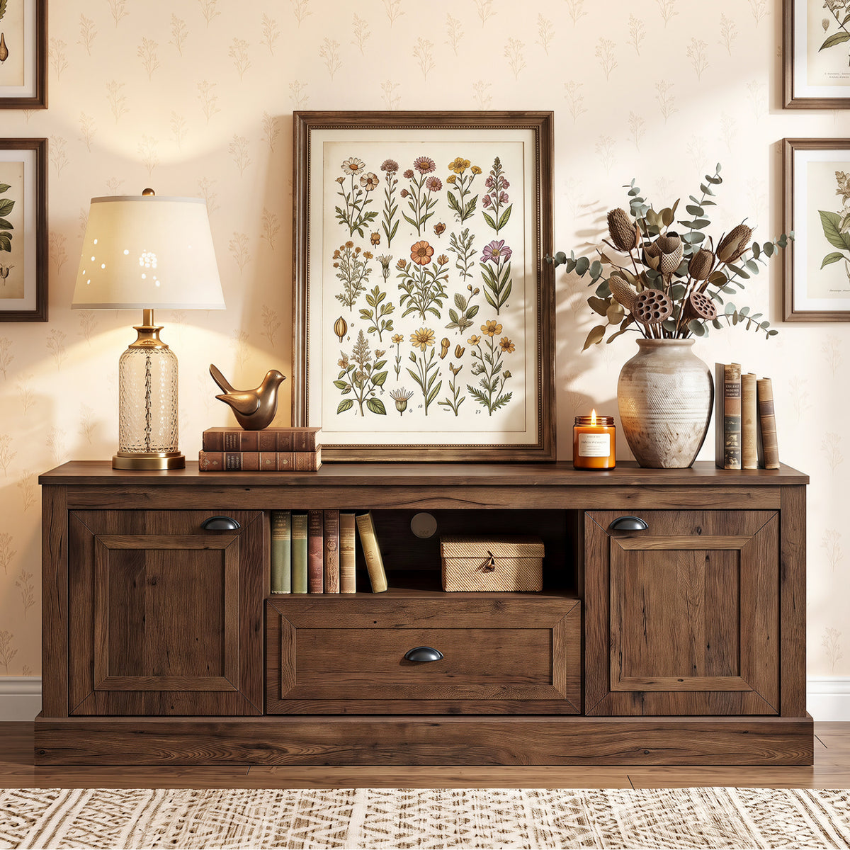 Retro Farmhouse TV Stand for 70" TVs with 2 Doors & Removable Shelves-Brown
