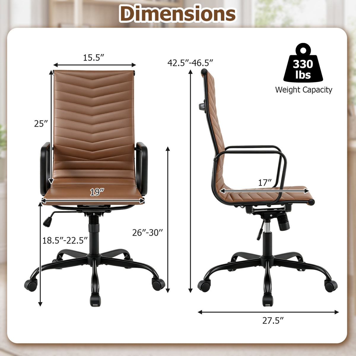 Ribbed Office Chair High Back PU Leather for Home Office with Adjustable Height