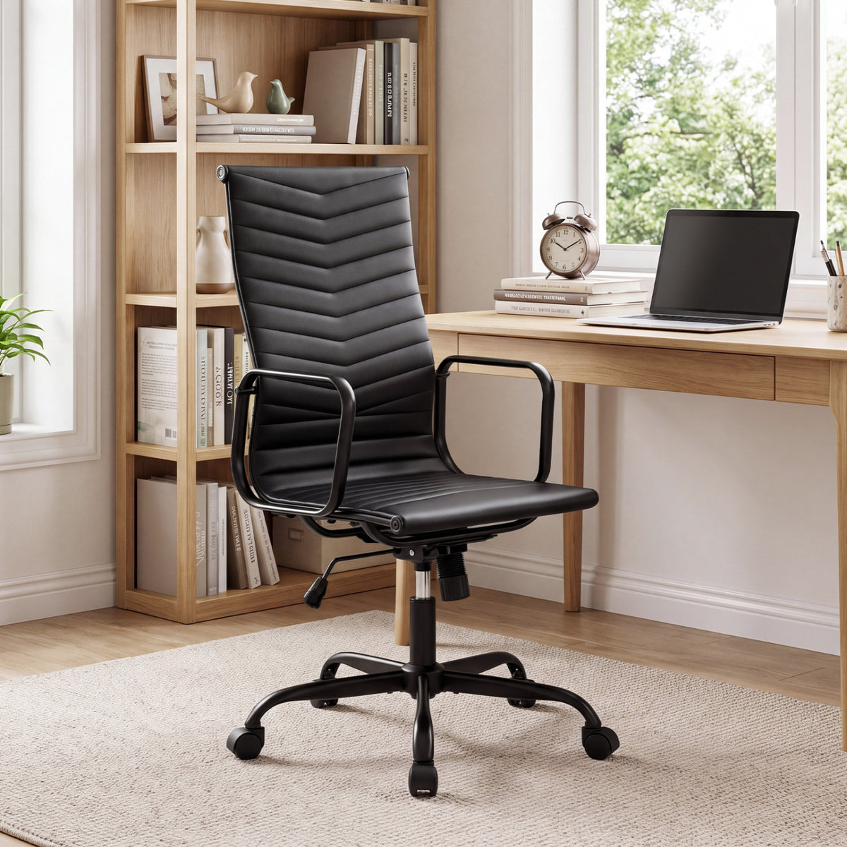 Ribbed Office Chair High Back PU Leather for Home Office with Adjustable Height