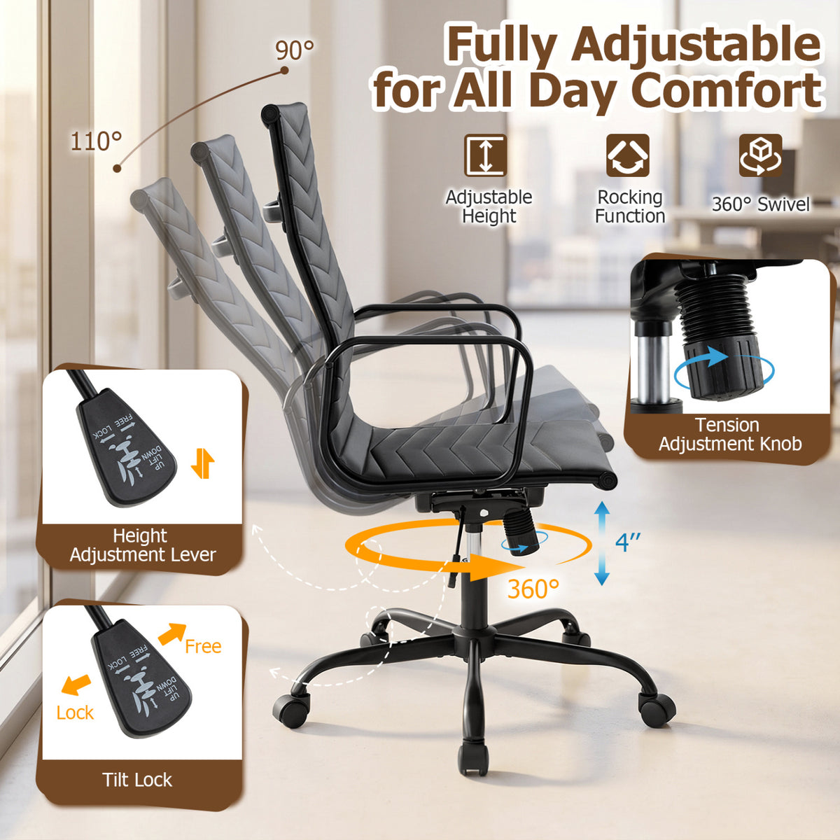 Ribbed Office Chair High Back PU Leather for Home Office with Adjustable Height