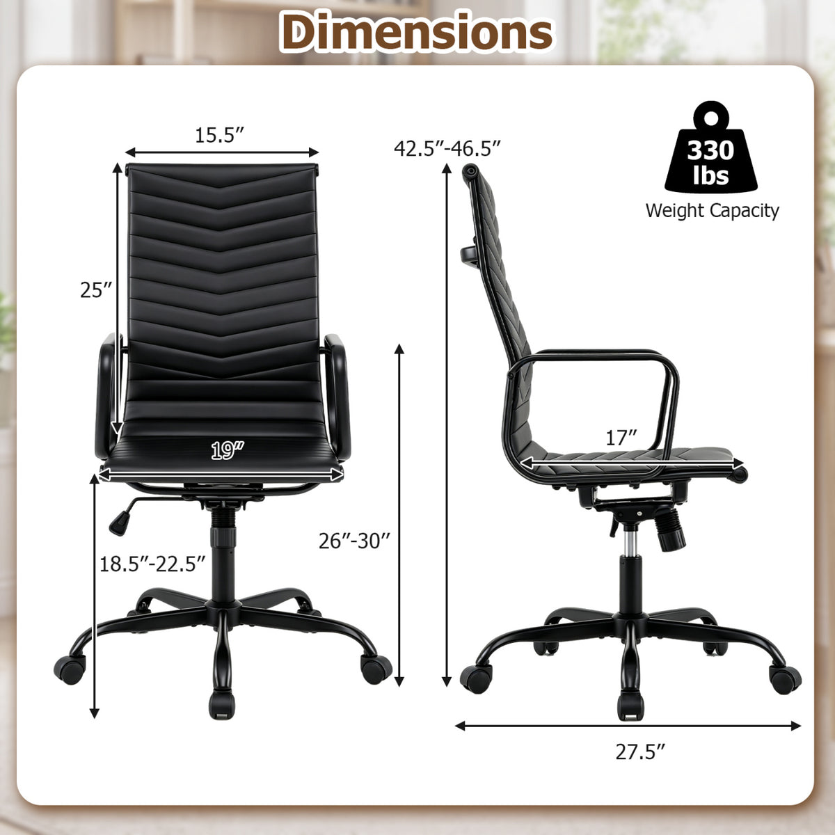 Ribbed Office Chair High Back PU Leather for Home Office with Adjustable Height
