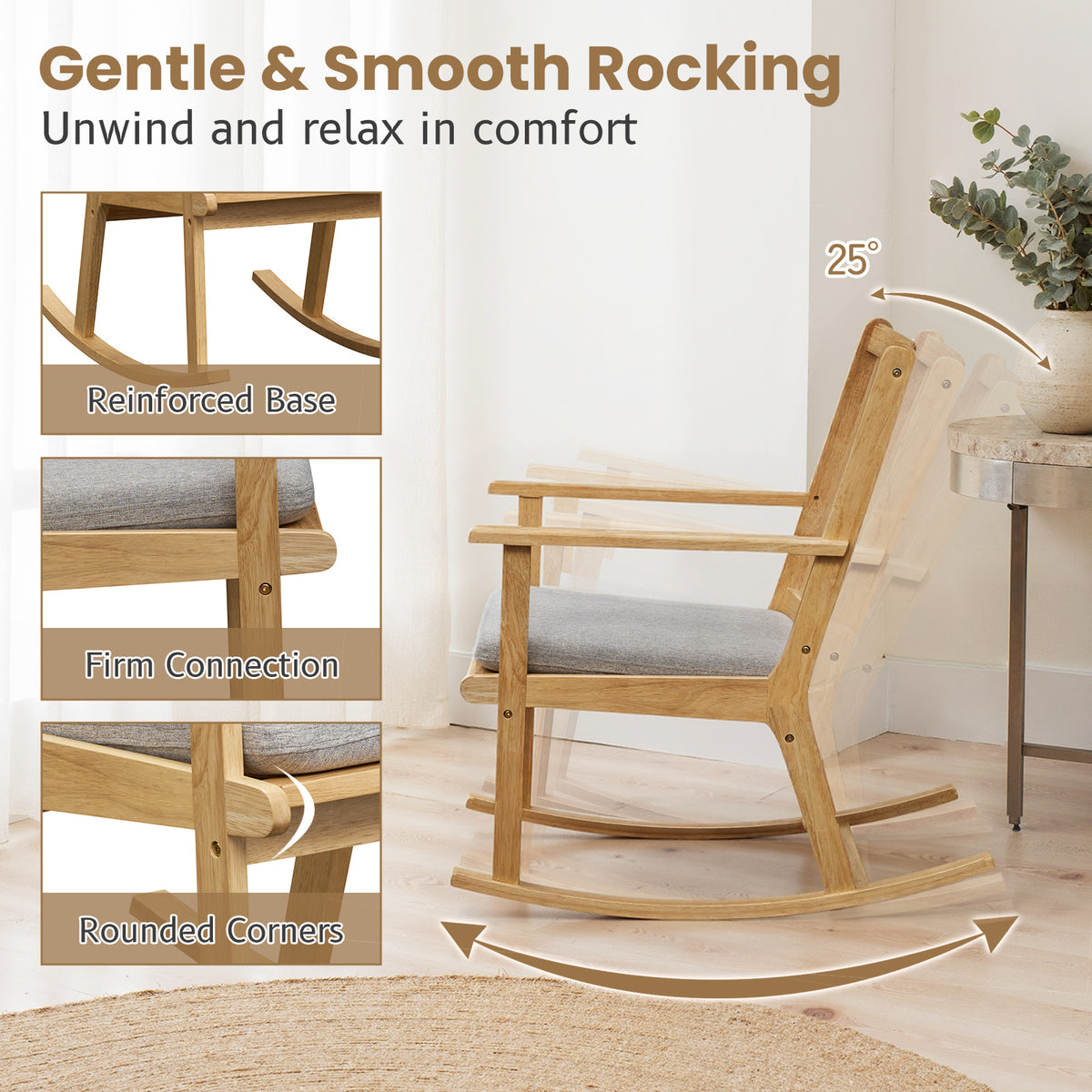 Rocking Chair with Cushion Solid Rubber Wood Rocker with Padded Seat-Natural