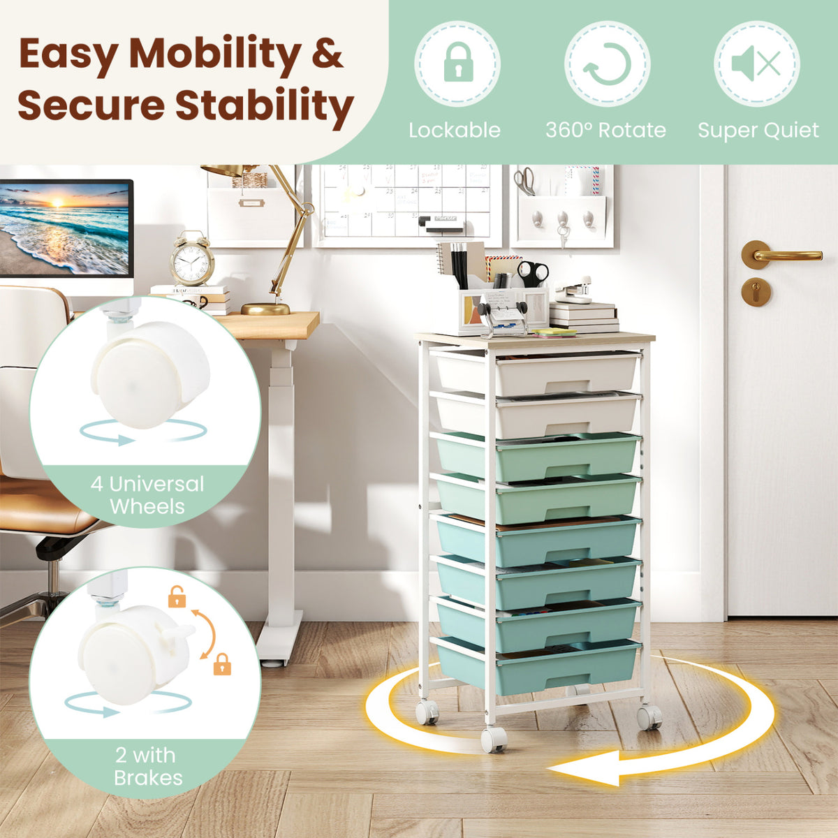 Rolling Cart with 8 Drawers and Wooden Tabletop with Lockable Wheels for Home Office