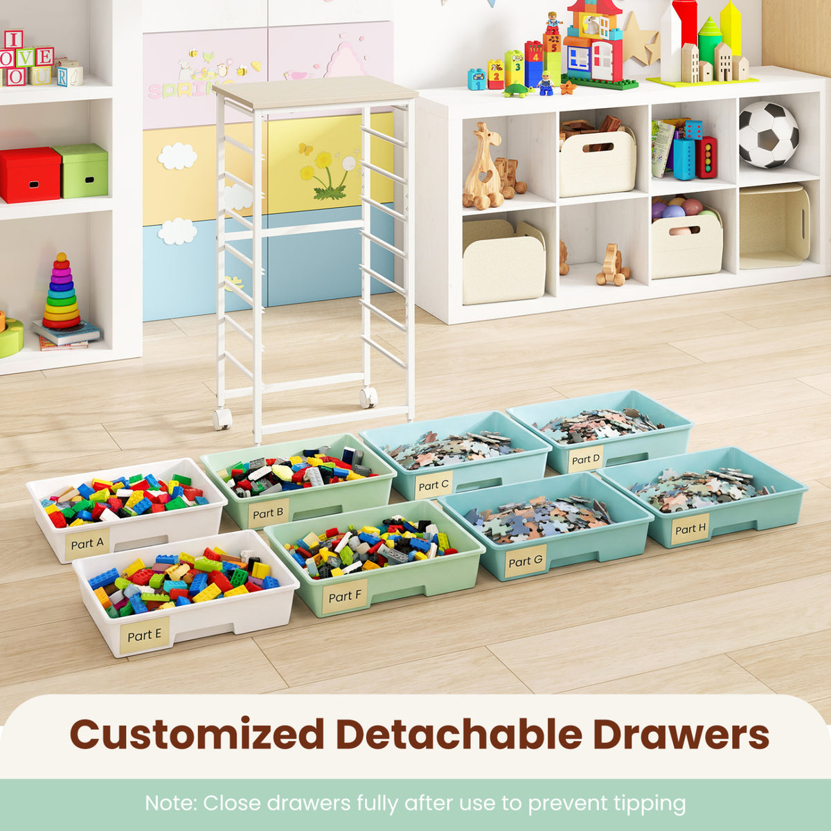 Rolling Cart with 8 Drawers and Wooden Tabletop with Lockable Wheels for Home Office