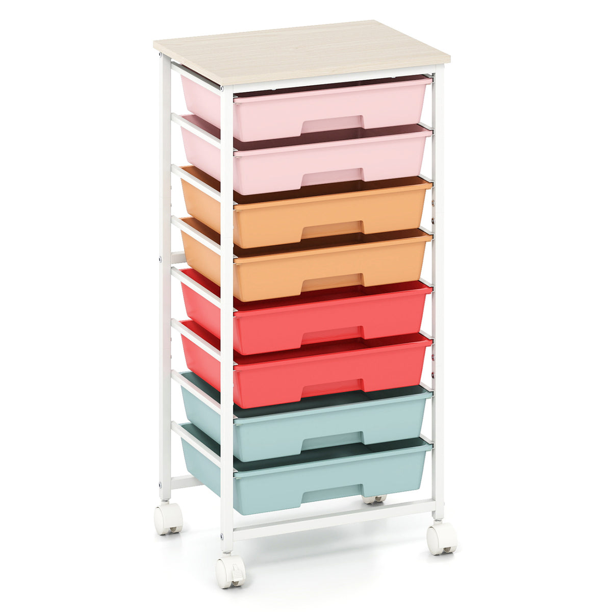 Rolling Cart with 8 Drawers and Wooden Tabletop with Lockable Wheels for Home Office