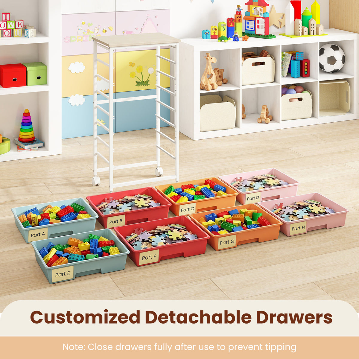 Rolling Cart with 8 Drawers and Wooden Tabletop with Lockable Wheels for Home Office