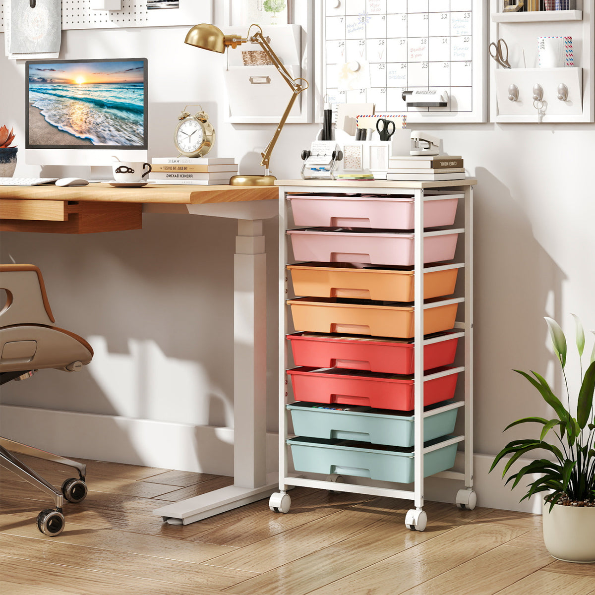 Rolling Cart with 8 Drawers and Wooden Tabletop with Lockable Wheels for Home Office