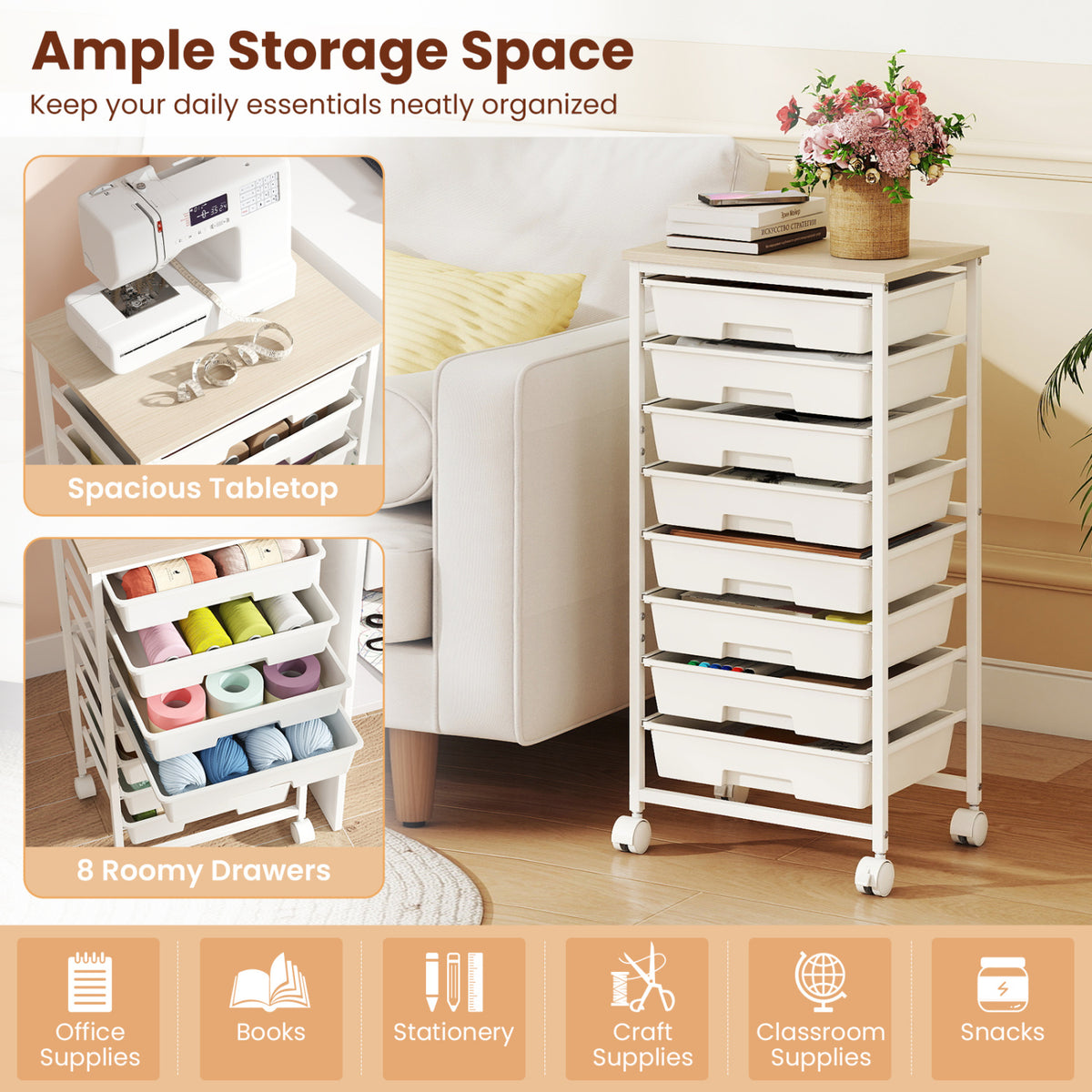 Rolling Cart with 8 Drawers and Wooden Tabletop with Lockable Wheels for Home Office