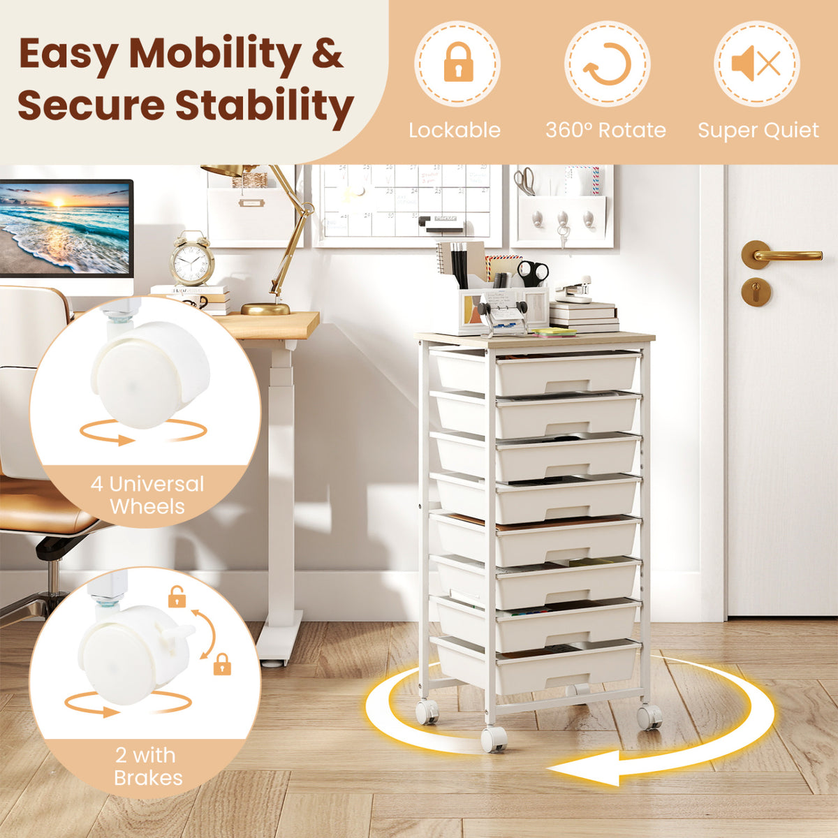 Rolling Cart with 8 Drawers and Wooden Tabletop with Lockable Wheels for Home Office
