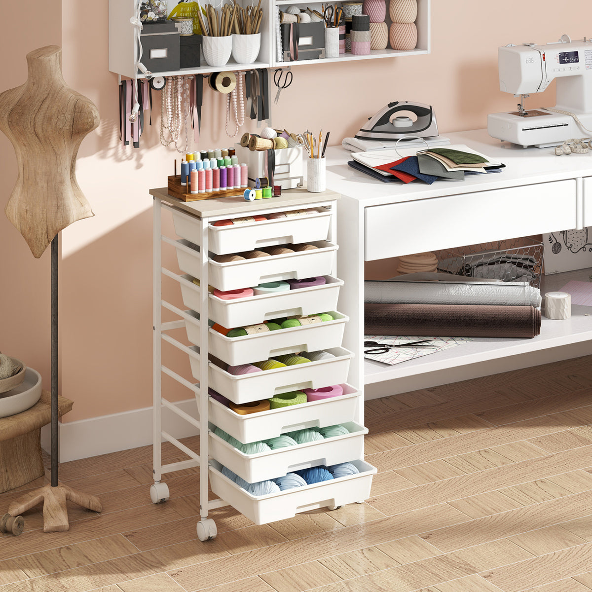 Rolling Cart with 8 Drawers and Wooden Tabletop with Lockable Wheels for Home Office