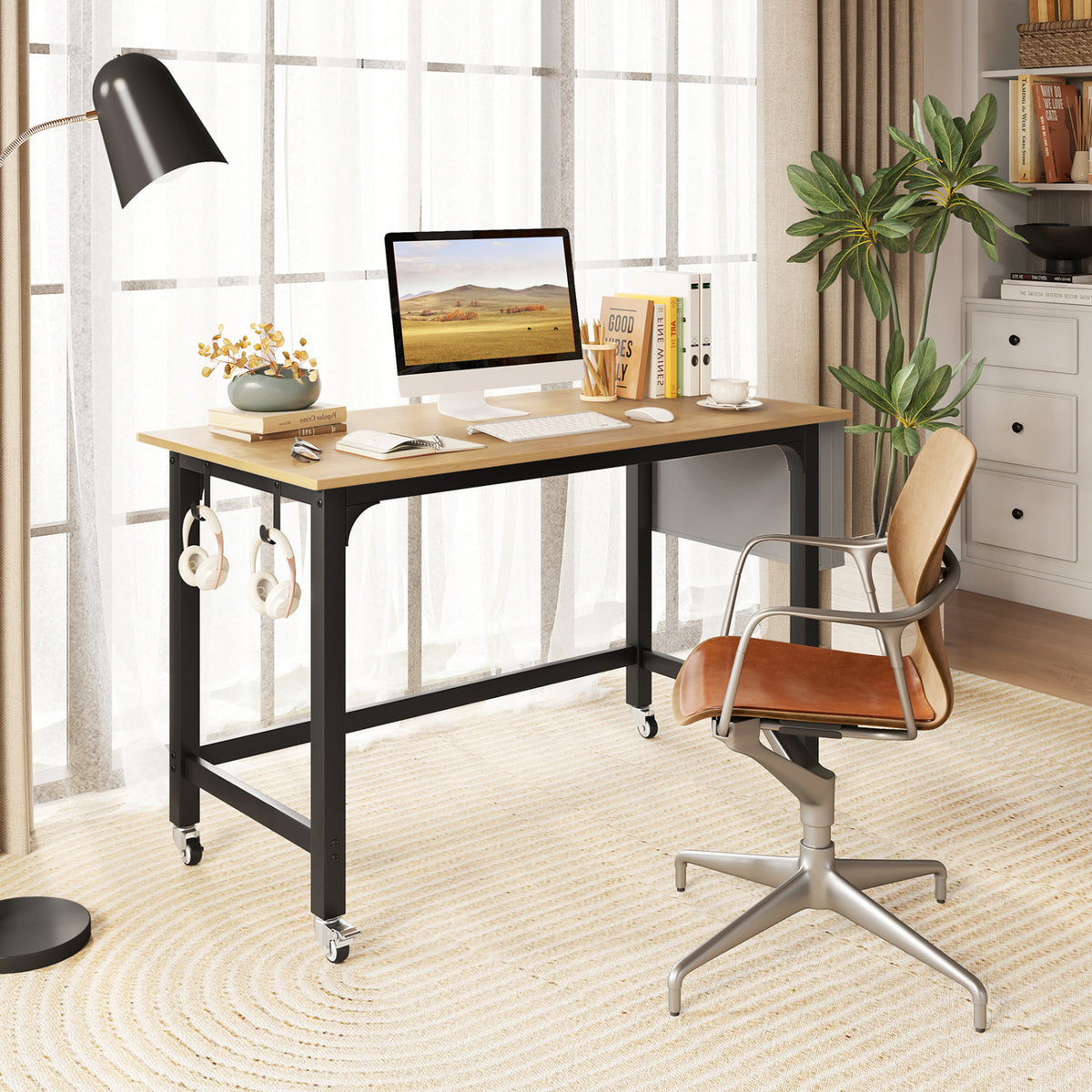 Rolling Computer Desk with Headphone Hooks and Lockable Wheels for Home Office