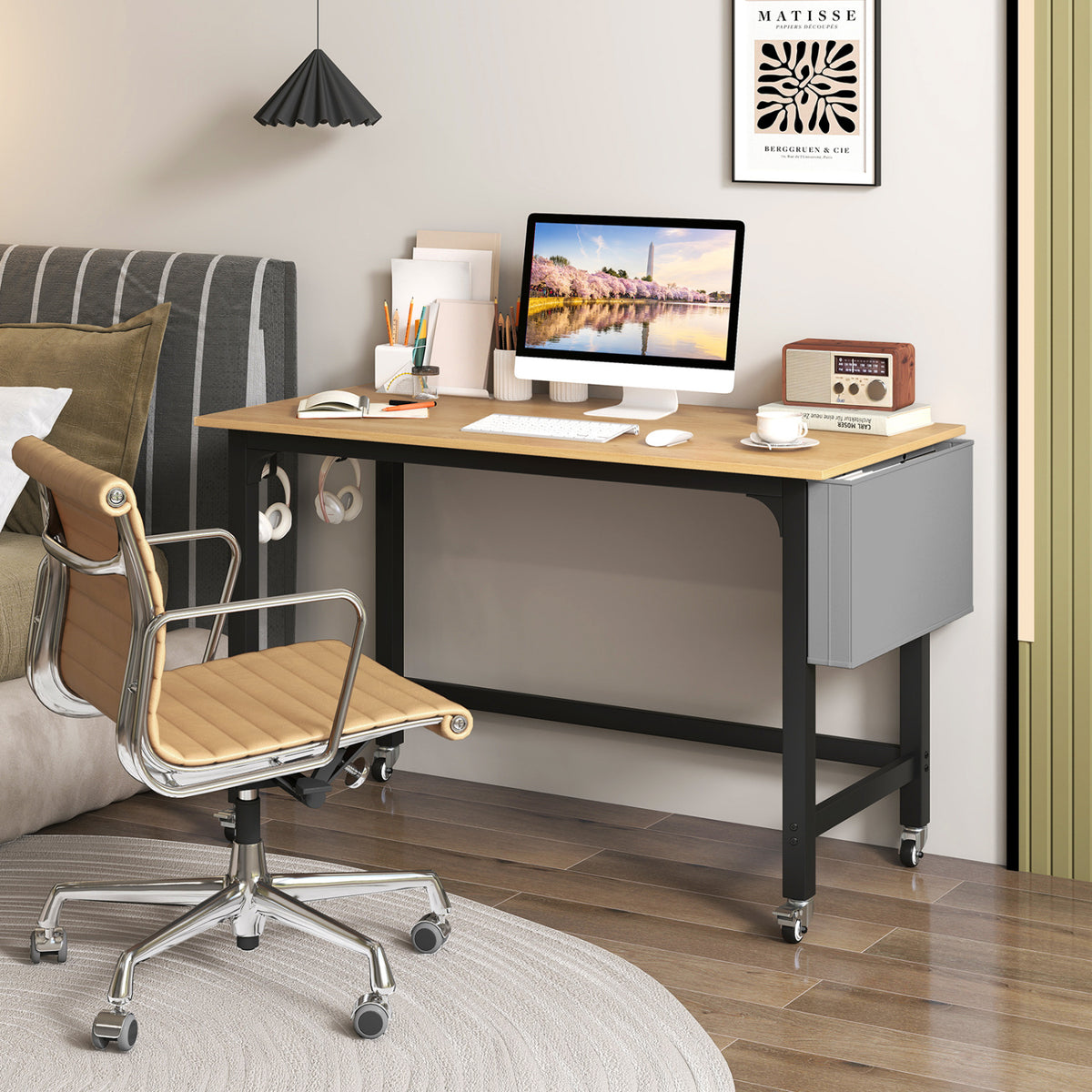 Rolling Computer Desk with Headphone Hooks and Lockable Wheels for Home Office