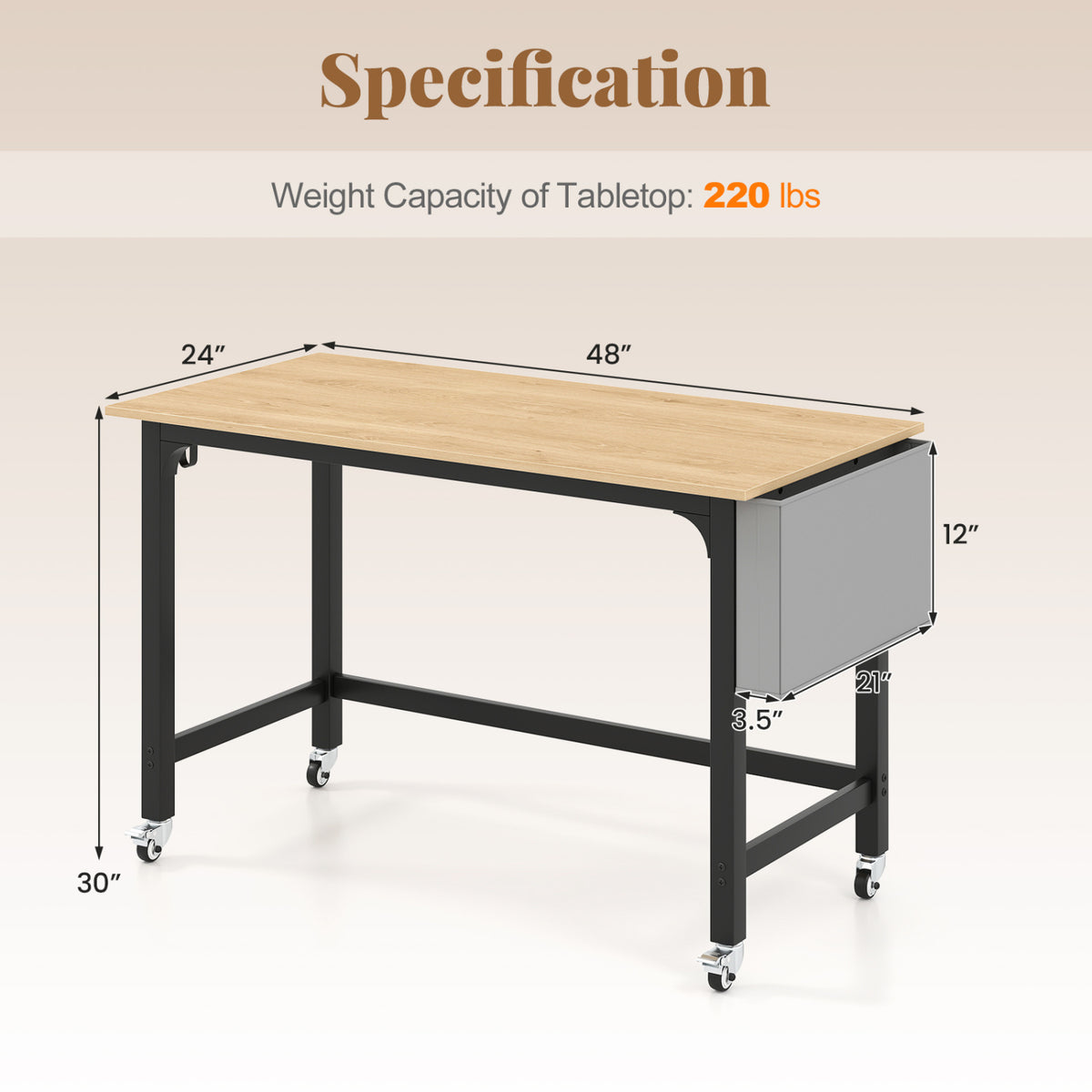 Rolling Computer Desk with Headphone Hooks and Lockable Wheels for Home Office