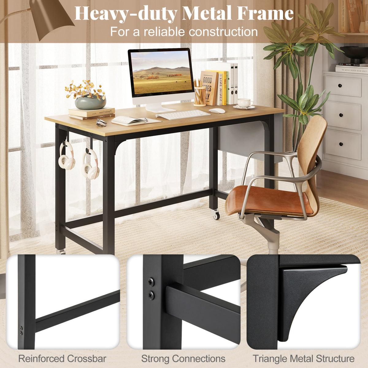 Rolling Computer Desk with Headphone Hooks and Lockable Wheels for Home Office