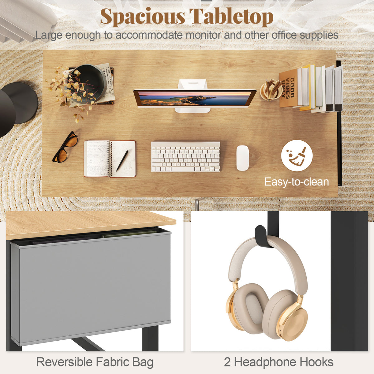 Rolling Computer Desk with Headphone Hooks and Lockable Wheels for Home Office
