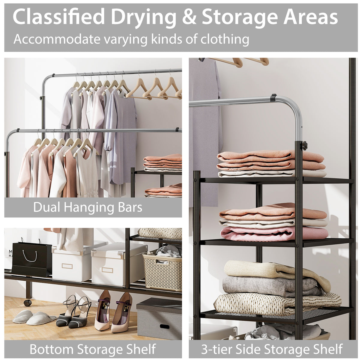 Rolling Double Rods Garment Rack with Height Adjustable Hanging Bars
