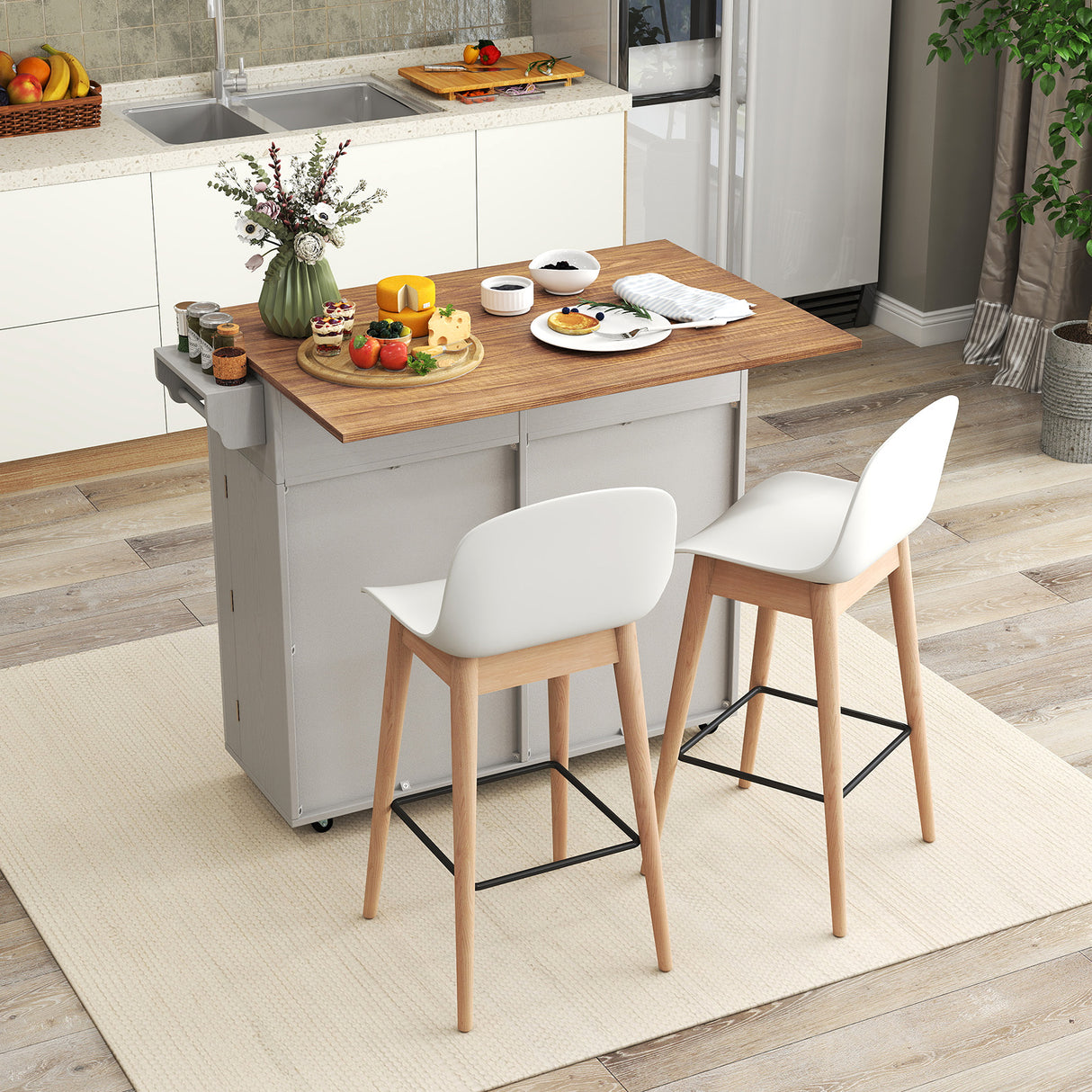 Rolling Kitchen Island with Trash Can Cabinet and Rubber Universal Wheels