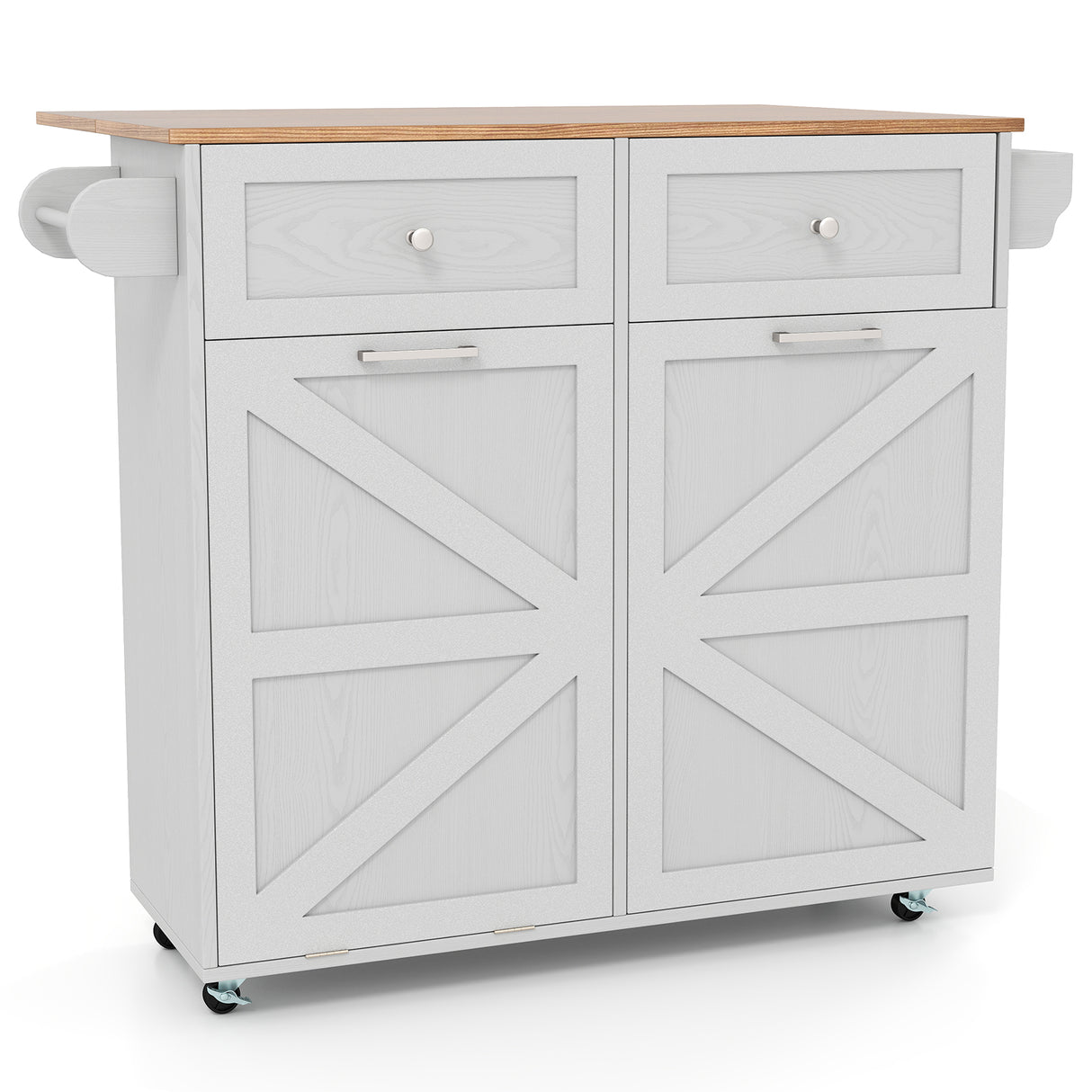 Rolling Kitchen Island with Trash Can Cabinet and Rubber Universal Wheels