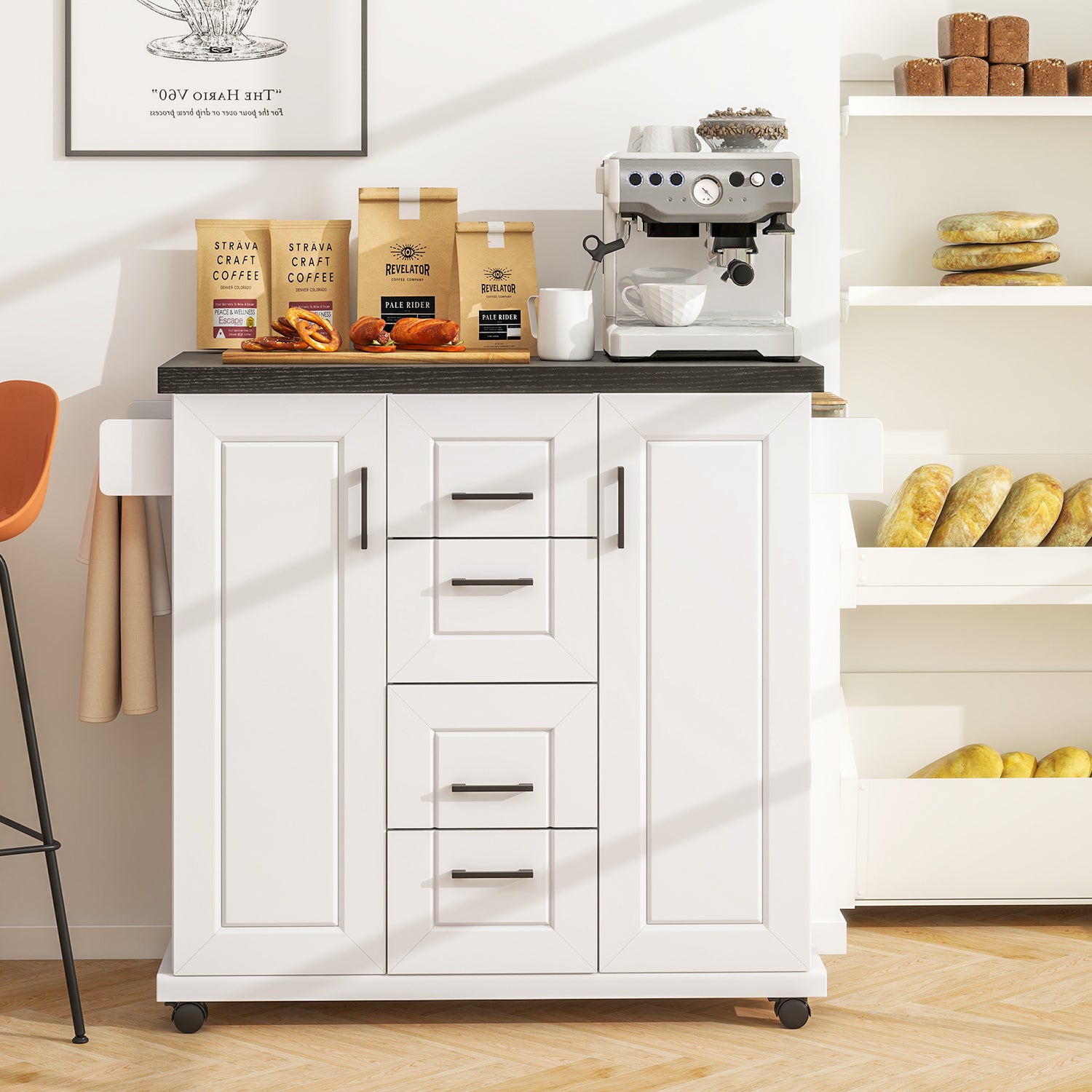 Rolling Kitchen Island Cart on Wheels with Storage Cabinets-White