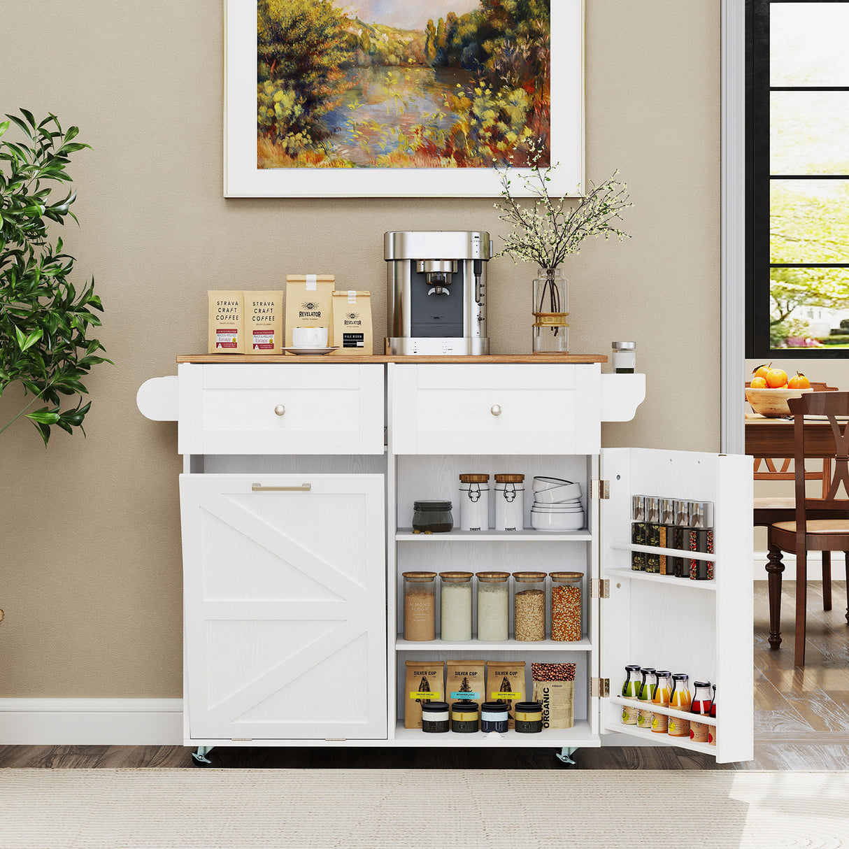 Rolling Kitchen Island with Trash Can Cabinet and Rubber Universal Wheels